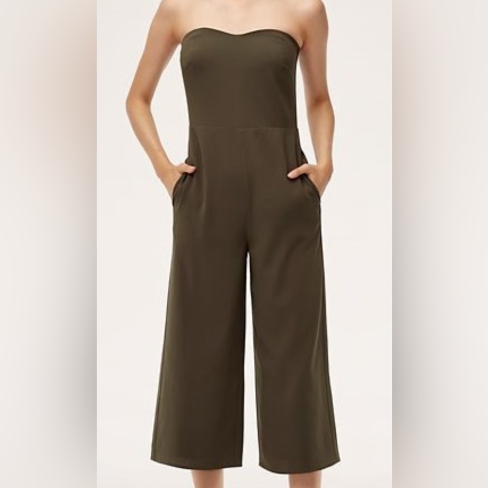 Babaton Aritzia strapless olive green jumpsuit romper XS 2 poly wide leg crop